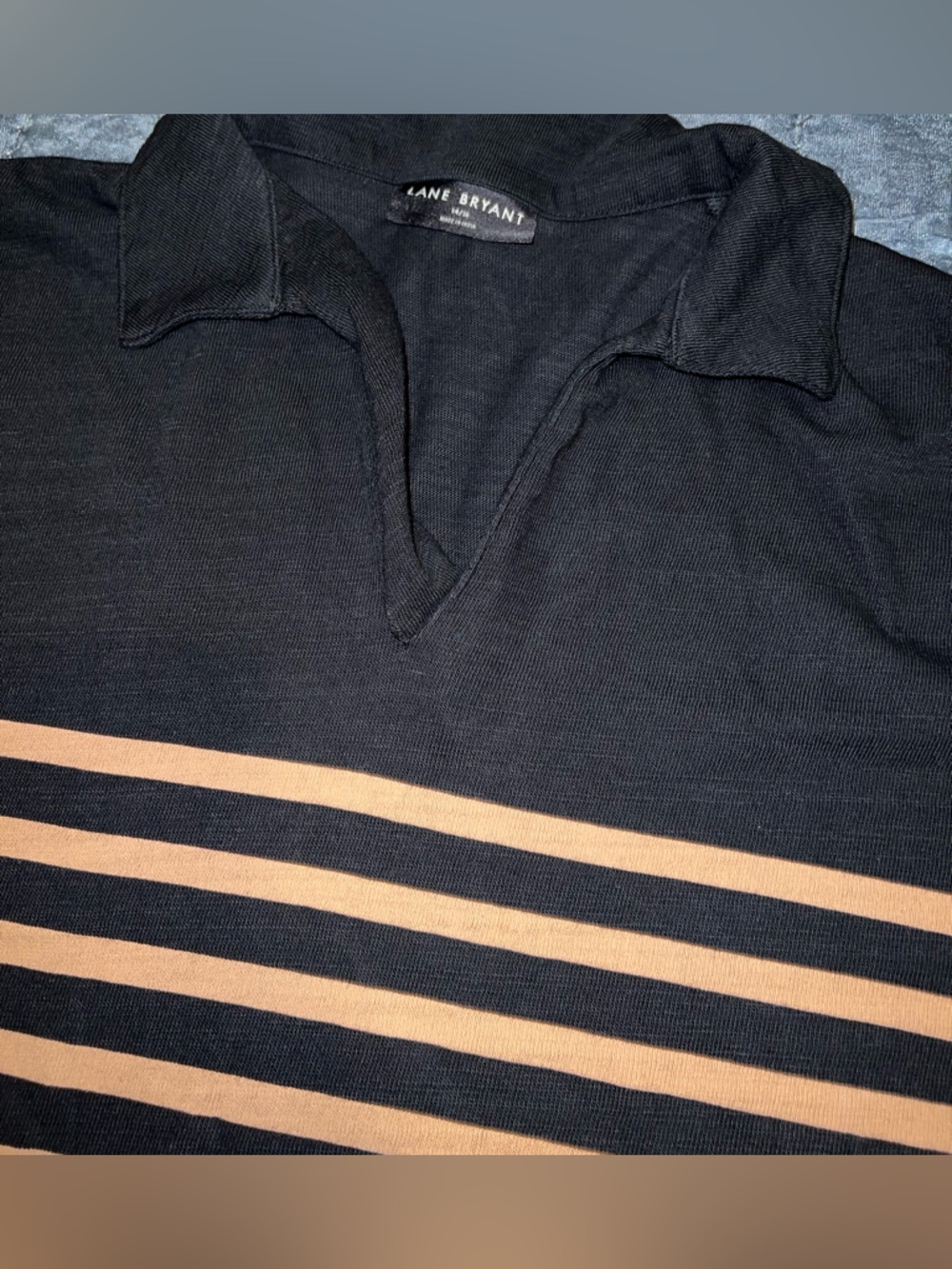 Lane Bryant Black Polo with Tan Striped Hem